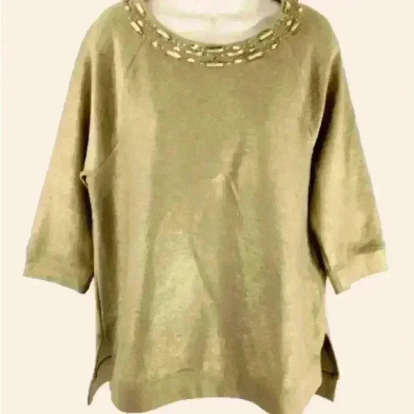 Chico's Gold Metallic Sweater Size 0 Jeweled Neckline 3/4 Sleeve Shimmer Holiday - Picture 6 of 15